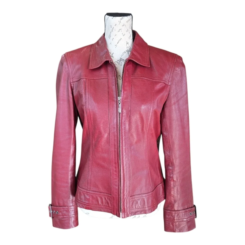 Tribal Deep Red Leather Moto Inspired Zip Up Jacket 8 - Picture 2 of 8